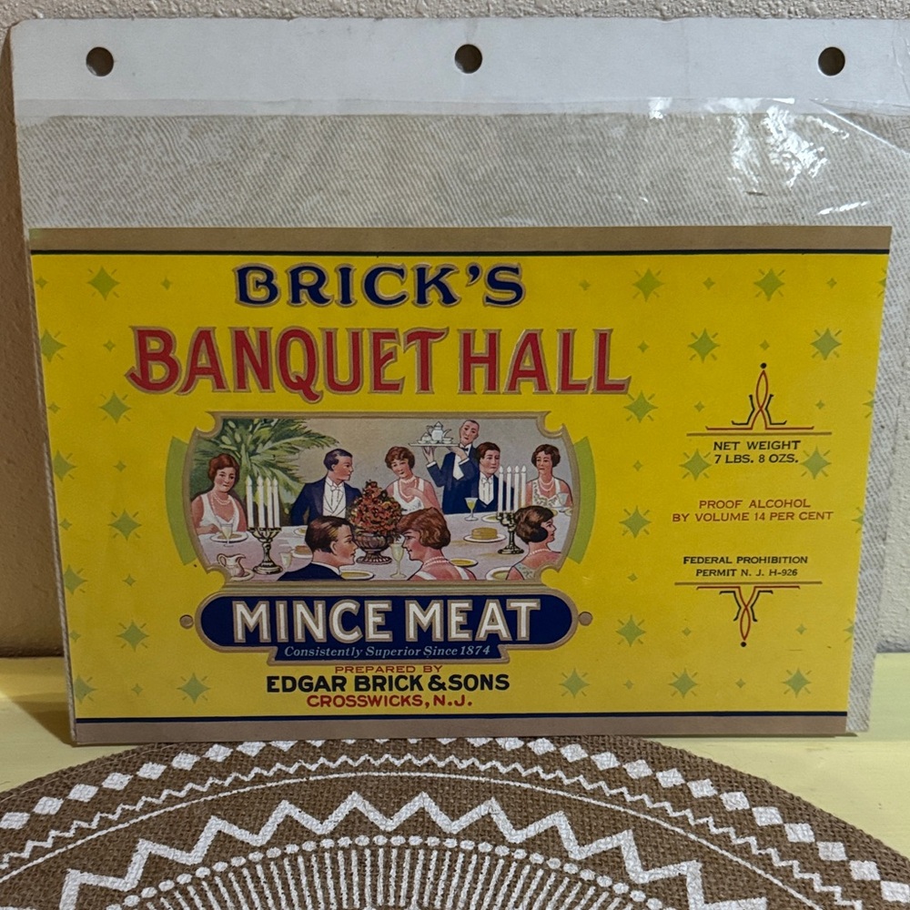 Vintage Bricks Banquet Hall Mince Meat Can Label Crosswicks NJ prohibition time